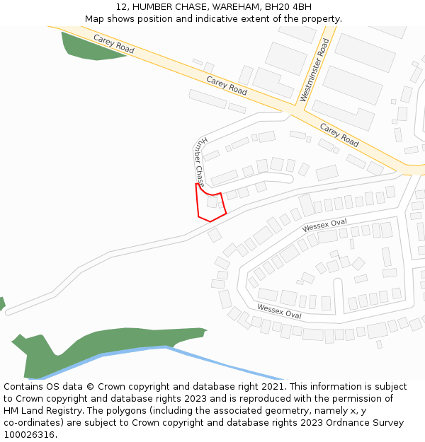 12, HUMBER CHASE, WAREHAM, BH20 4BH: Location map and indicative extent of plot