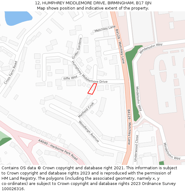 12, HUMPHREY MIDDLEMORE DRIVE, BIRMINGHAM, B17 0JN: Location map and indicative extent of plot