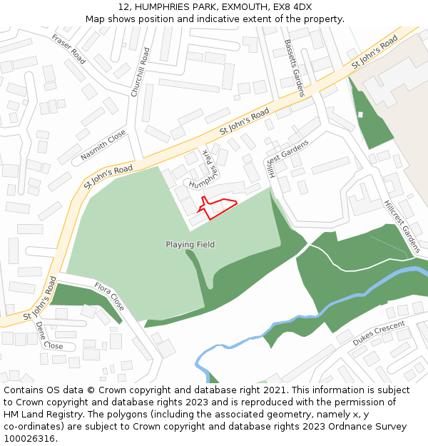 12, HUMPHRIES PARK, EXMOUTH, EX8 4DX: Location map and indicative extent of plot