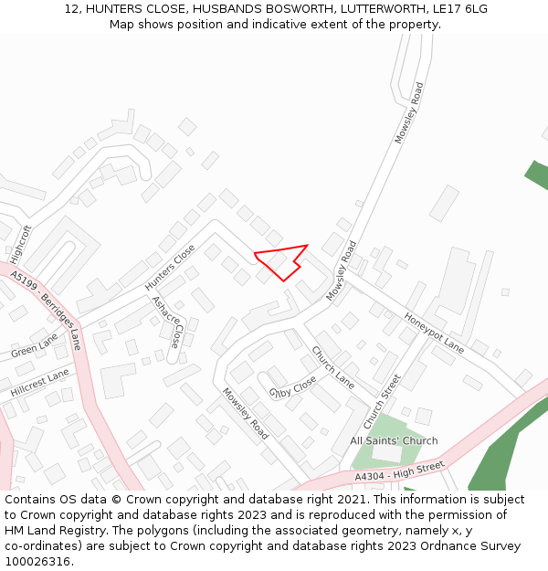 12, HUNTERS CLOSE, HUSBANDS BOSWORTH, LUTTERWORTH, LE17 6LG: Location map and indicative extent of plot