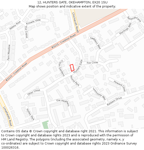 12, HUNTERS GATE, OKEHAMPTON, EX20 1SU: Location map and indicative extent of plot