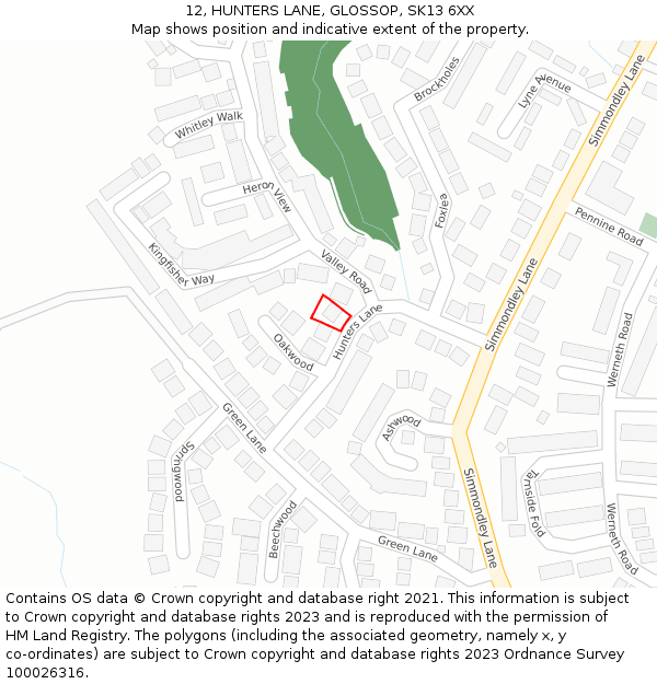 12, HUNTERS LANE, GLOSSOP, SK13 6XX: Location map and indicative extent of plot