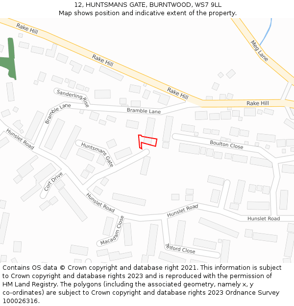 12, HUNTSMANS GATE, BURNTWOOD, WS7 9LL: Location map and indicative extent of plot