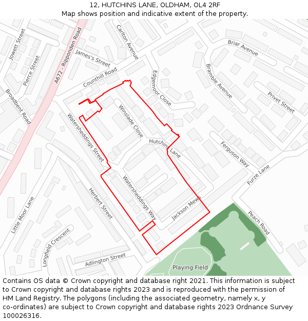 12, HUTCHINS LANE, OLDHAM, OL4 2RF: Location map and indicative extent of plot