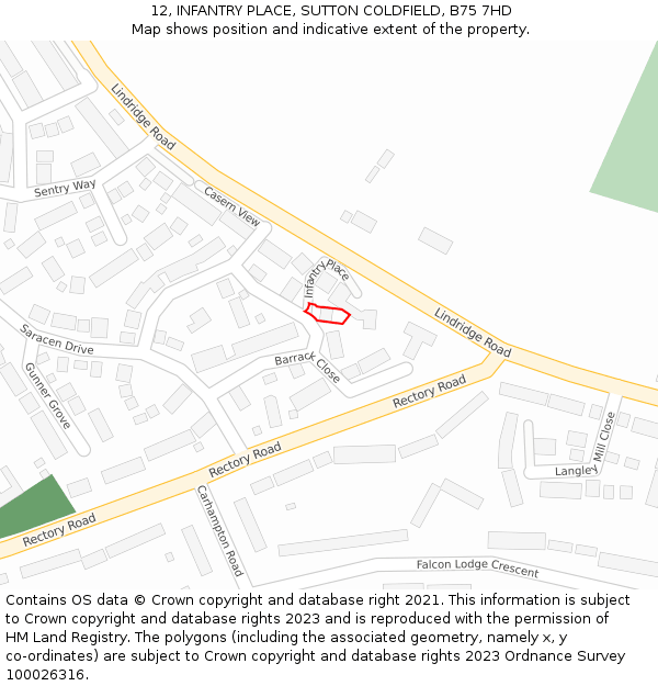 12, INFANTRY PLACE, SUTTON COLDFIELD, B75 7HD: Location map and indicative extent of plot