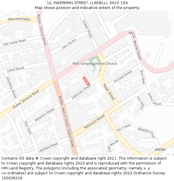 12, INKERMAN STREET, LLANELLI, SA15 1SA: Location map and indicative extent of plot