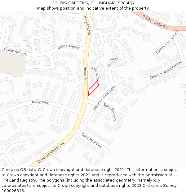 12, IRIS GARDENS, GILLINGHAM, SP8 4QY: Location map and indicative extent of plot