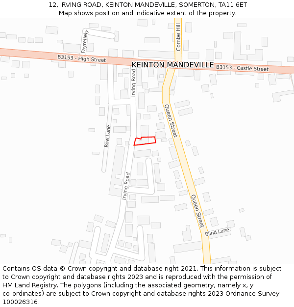 12, IRVING ROAD, KEINTON MANDEVILLE, SOMERTON, TA11 6ET: Location map and indicative extent of plot