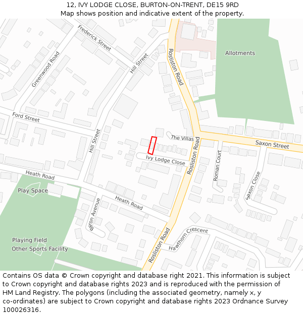 12, IVY LODGE CLOSE, BURTON-ON-TRENT, DE15 9RD: Location map and indicative extent of plot