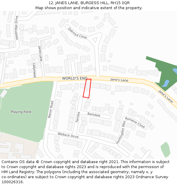 12, JANES LANE, BURGESS HILL, RH15 0QR: Location map and indicative extent of plot