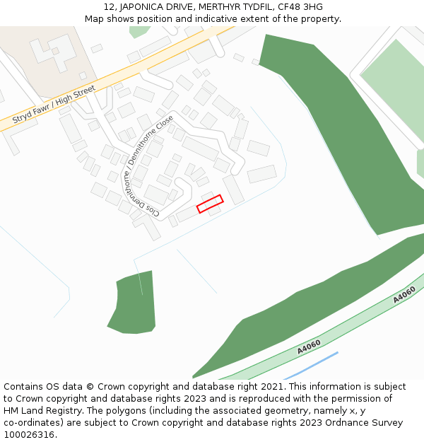 12, JAPONICA DRIVE, MERTHYR TYDFIL, CF48 3HG: Location map and indicative extent of plot