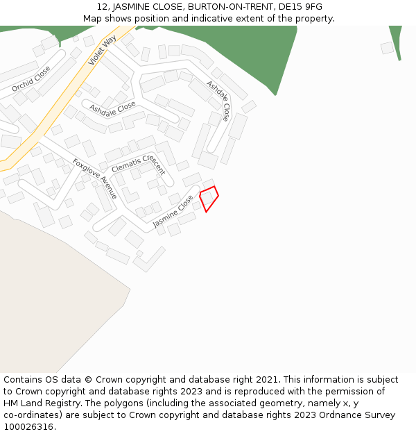 12, JASMINE CLOSE, BURTON-ON-TRENT, DE15 9FG: Location map and indicative extent of plot