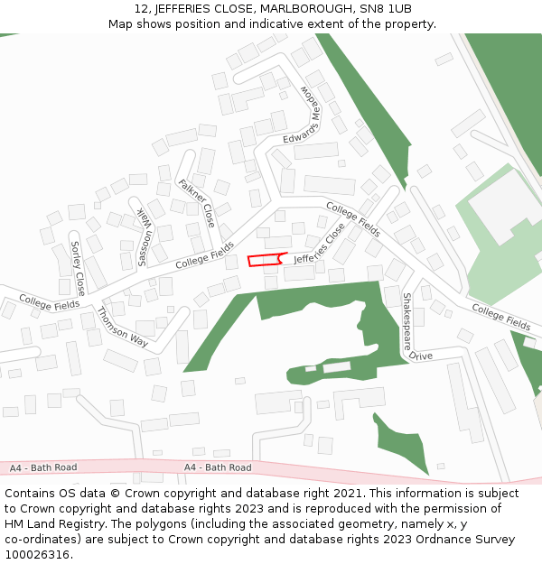 12, JEFFERIES CLOSE, MARLBOROUGH, SN8 1UB: Location map and indicative extent of plot