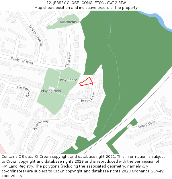 12, JERSEY CLOSE, CONGLETON, CW12 3TW: Location map and indicative extent of plot