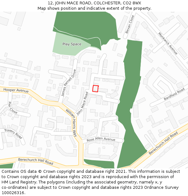 12, JOHN MACE ROAD, COLCHESTER, CO2 8WX: Location map and indicative extent of plot