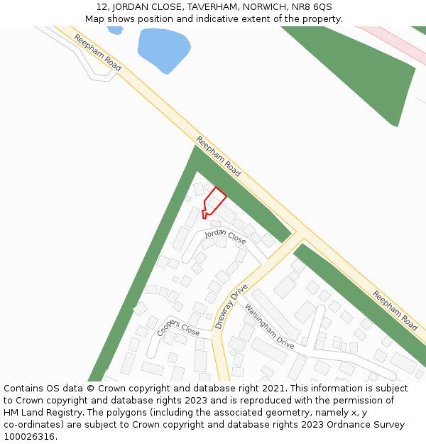 12, JORDAN CLOSE, TAVERHAM, NORWICH, NR8 6QS: Location map and indicative extent of plot