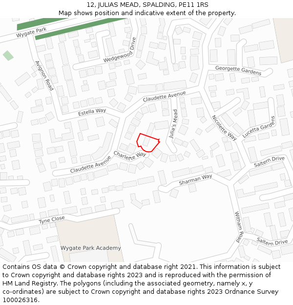 12, JULIAS MEAD, SPALDING, PE11 1RS: Location map and indicative extent of plot