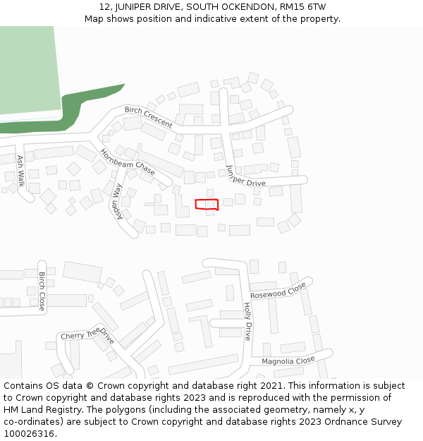 12, JUNIPER DRIVE, SOUTH OCKENDON, RM15 6TW: Location map and indicative extent of plot