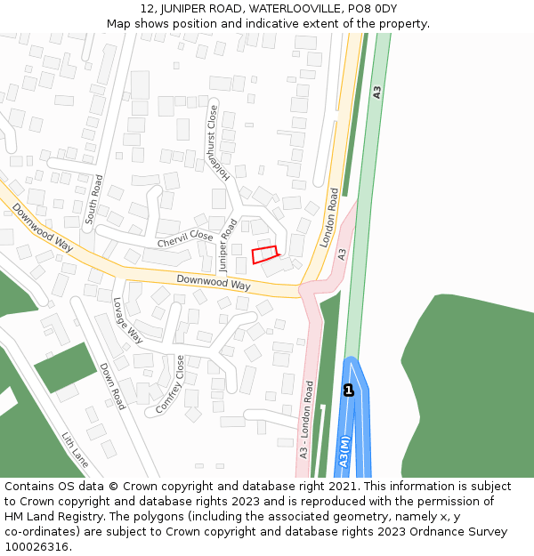 12, JUNIPER ROAD, WATERLOOVILLE, PO8 0DY: Location map and indicative extent of plot