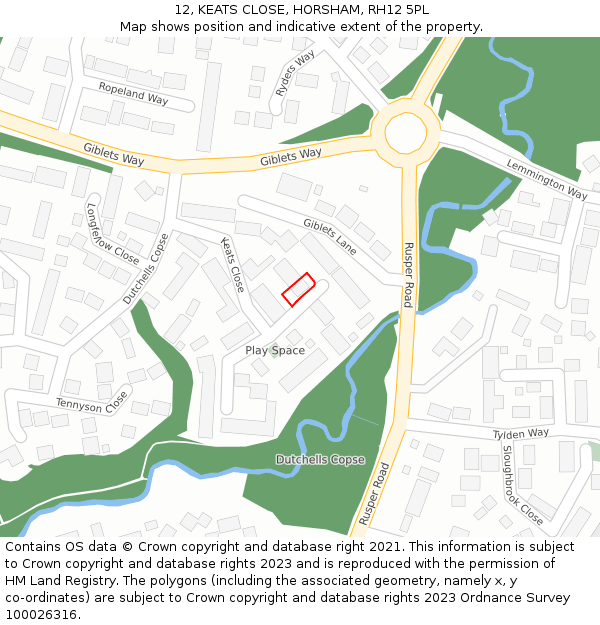 12, KEATS CLOSE, HORSHAM, RH12 5PL: Location map and indicative extent of plot