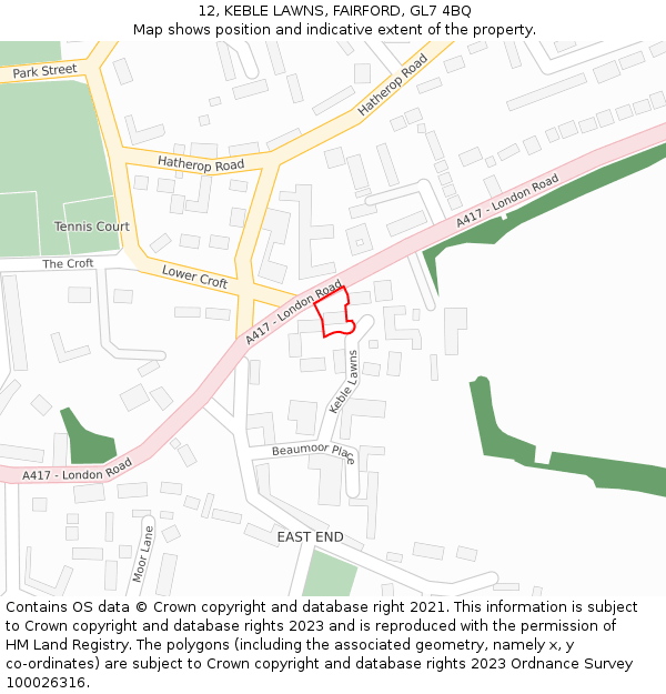 12, KEBLE LAWNS, FAIRFORD, GL7 4BQ: Location map and indicative extent of plot