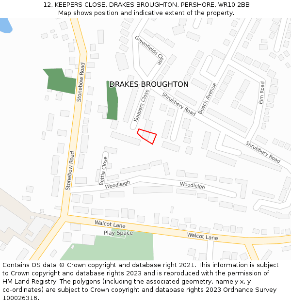 12, KEEPERS CLOSE, DRAKES BROUGHTON, PERSHORE, WR10 2BB: Location map and indicative extent of plot