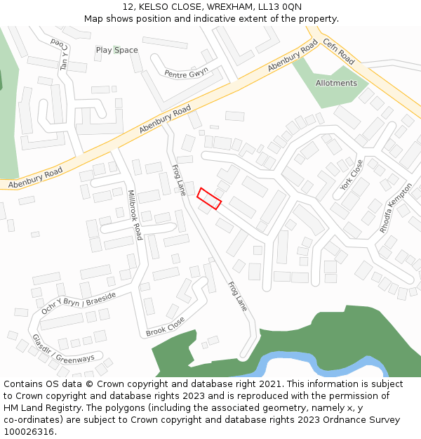 12, KELSO CLOSE, WREXHAM, LL13 0QN: Location map and indicative extent of plot