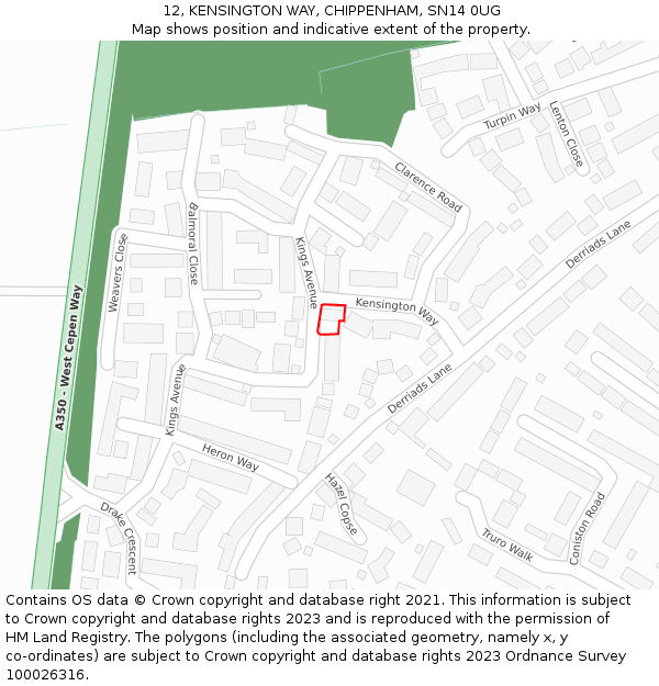 12, KENSINGTON WAY, CHIPPENHAM, SN14 0UG: Location map and indicative extent of plot