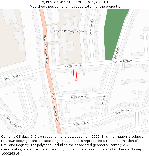 12, KESTON AVENUE, COULSDON, CR5 1HL: Location map and indicative extent of plot