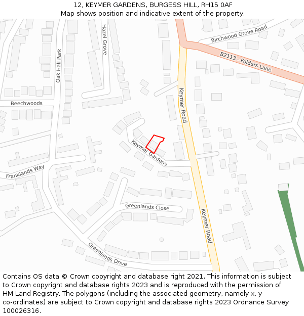 12, KEYMER GARDENS, BURGESS HILL, RH15 0AF: Location map and indicative extent of plot