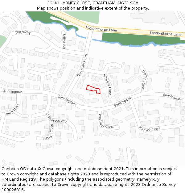 12, KILLARNEY CLOSE, GRANTHAM, NG31 9GA: Location map and indicative extent of plot