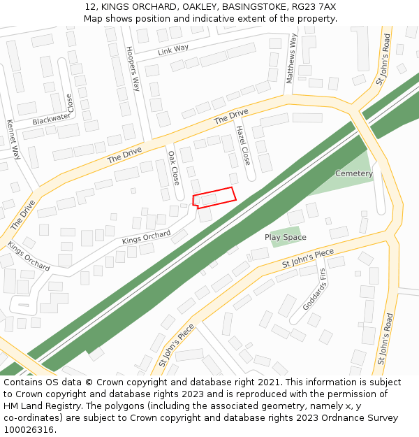 12, KINGS ORCHARD, OAKLEY, BASINGSTOKE, RG23 7AX: Location map and indicative extent of plot