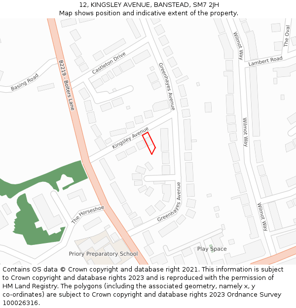 12, KINGSLEY AVENUE, BANSTEAD, SM7 2JH: Location map and indicative extent of plot
