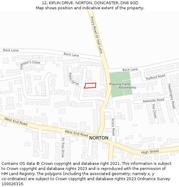 12, KIPLIN DRIVE, NORTON, DONCASTER, DN6 9GD: Location map and indicative extent of plot