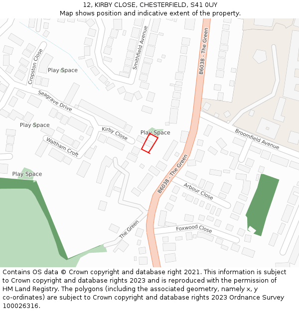 12, KIRBY CLOSE, CHESTERFIELD, S41 0UY: Location map and indicative extent of plot