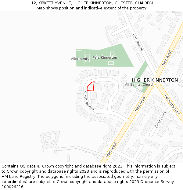 12, KIRKETT AVENUE, HIGHER KINNERTON, CHESTER, CH4 9BN: Location map and indicative extent of plot