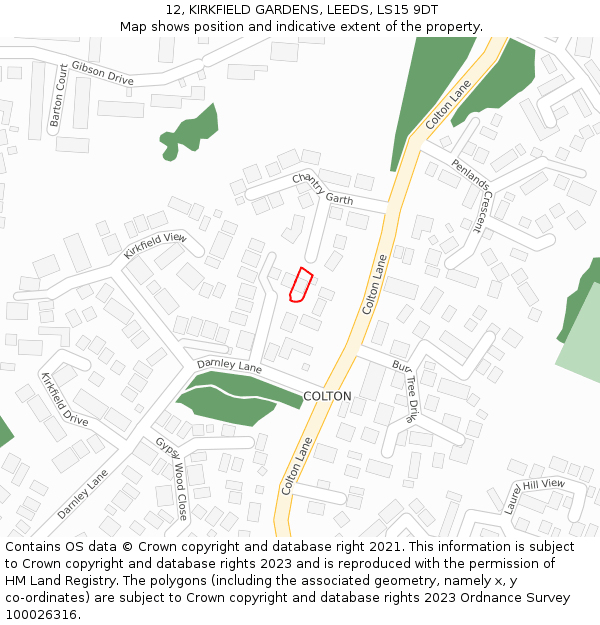 12, KIRKFIELD GARDENS, LEEDS, LS15 9DT: Location map and indicative extent of plot