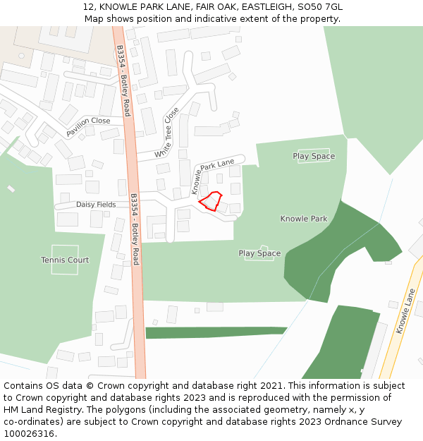 12, KNOWLE PARK LANE, FAIR OAK, EASTLEIGH, SO50 7GL: Location map and indicative extent of plot