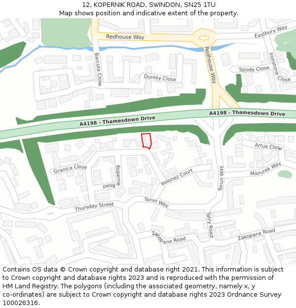 12, KOPERNIK ROAD, SWINDON, SN25 1TU: Location map and indicative extent of plot