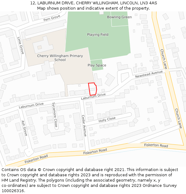 12, LABURNUM DRIVE, CHERRY WILLINGHAM, LINCOLN, LN3 4AS: Location map and indicative extent of plot