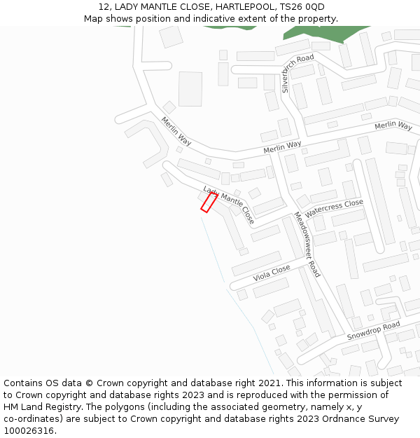 12, LADY MANTLE CLOSE, HARTLEPOOL, TS26 0QD: Location map and indicative extent of plot
