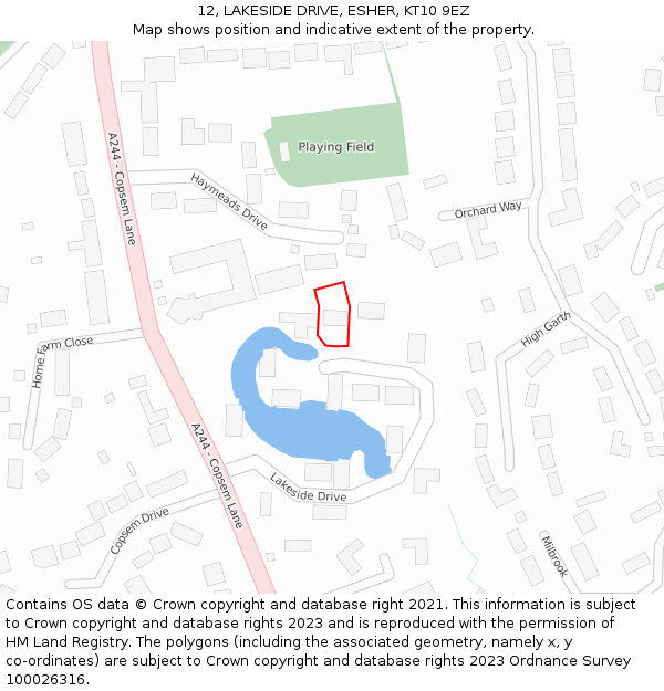 12, LAKESIDE DRIVE, ESHER, KT10 9EZ: Location map and indicative extent of plot
