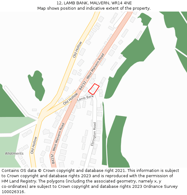 12, LAMB BANK, MALVERN, WR14 4NE: Location map and indicative extent of plot