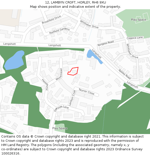 12, LAMBYN CROFT, HORLEY, RH6 9XU: Location map and indicative extent of plot