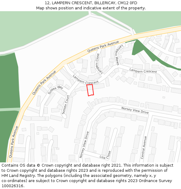 12, LAMPERN CRESCENT, BILLERICAY, CM12 0FD: Location map and indicative extent of plot