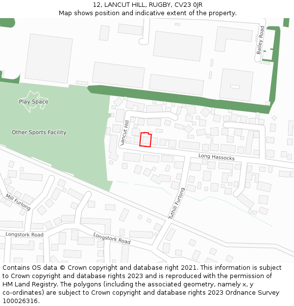 12, LANCUT HILL, RUGBY, CV23 0JR: Location map and indicative extent of plot