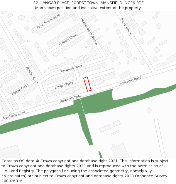 12, LANGAR PLACE, FOREST TOWN, MANSFIELD, NG19 0DF: Location map and indicative extent of plot