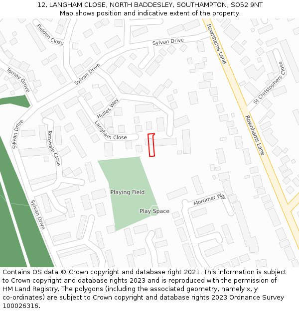 12, LANGHAM CLOSE, NORTH BADDESLEY, SOUTHAMPTON, SO52 9NT: Location map and indicative extent of plot