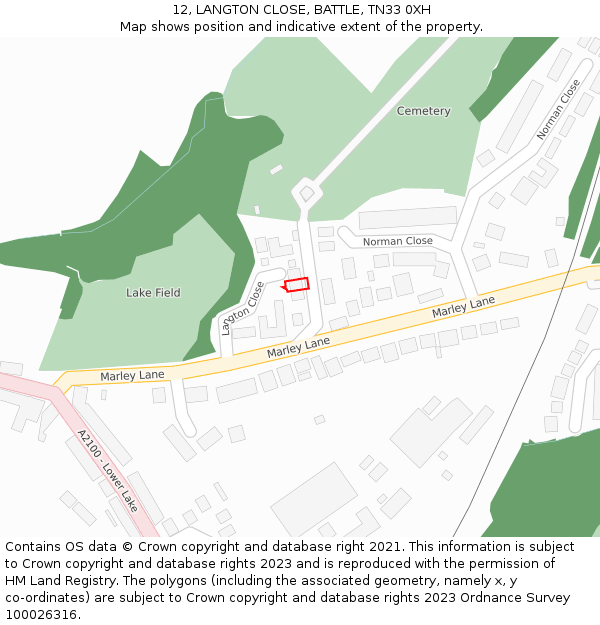12, LANGTON CLOSE, BATTLE, TN33 0XH: Location map and indicative extent of plot