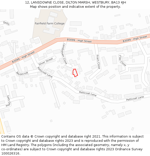 12, LANSDOWNE CLOSE, DILTON MARSH, WESTBURY, BA13 4JH: Location map and indicative extent of plot